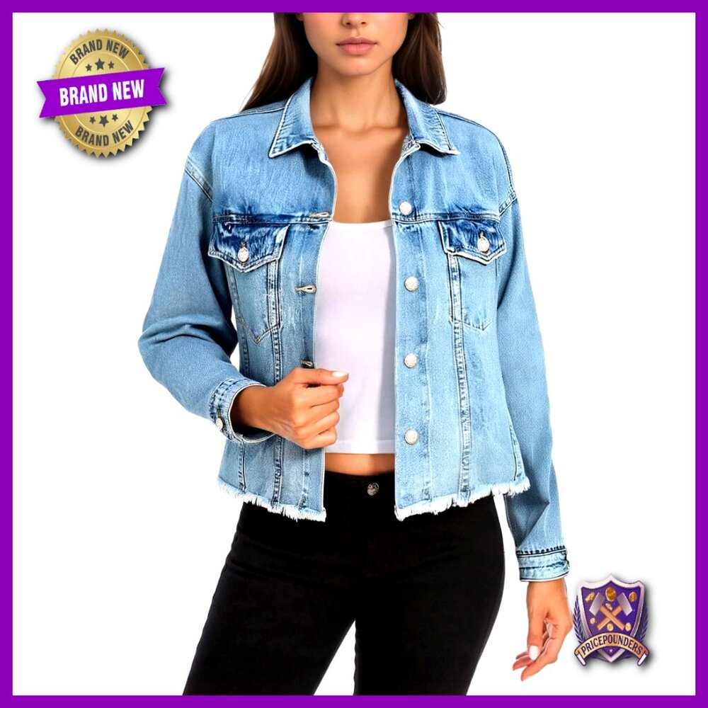 Cropped Denim Jacket Button Up Frayed Hem Classic Chic Y2k Trendy